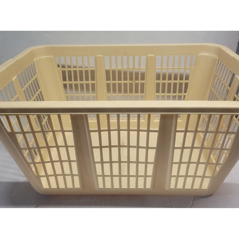 Vintage Cream Plastic Laundry Basket Rectangular Ventilated Storage Bin 23x17x10